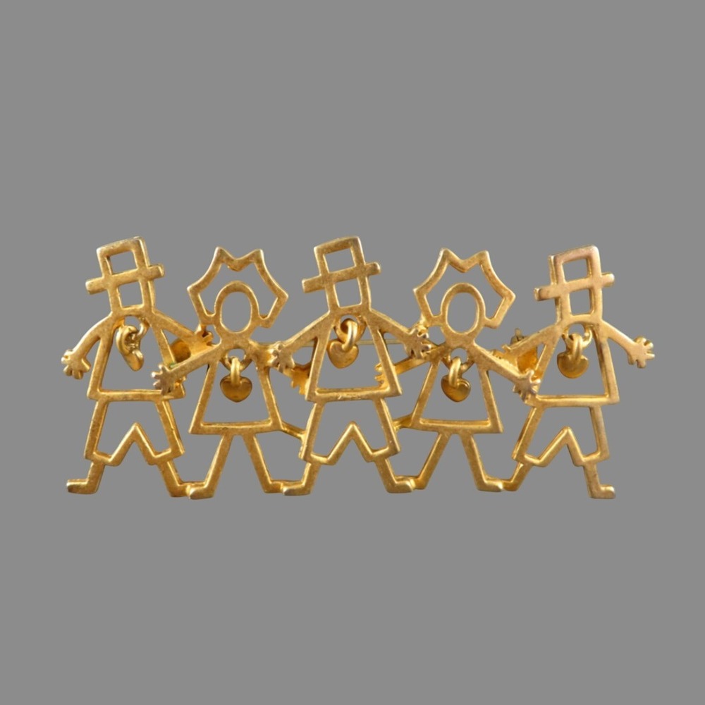 Vintage AJC MATTE GOLD TONE BROOCH PIN Row of People Men & Women DANGLE HEARTS